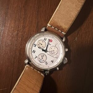 Michele Silver Chronograph Watch with Tan Leather Strap